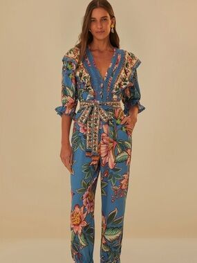 Farm Rio Blue Wonderful Bouquet Crochet trim floral Jumpsuit XL NWT MSRP $265